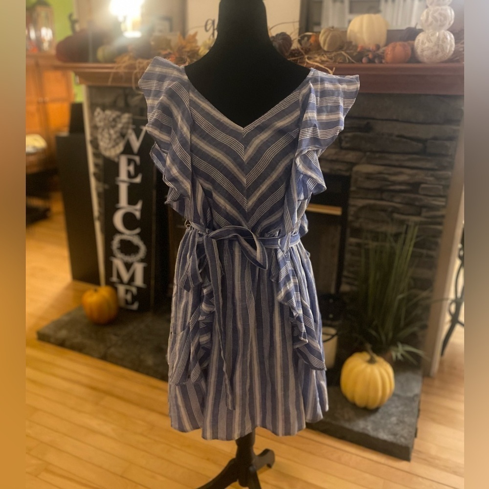 Umgee Blue and White Striped Dress With Ruffled Sleeves and Side. Romantic